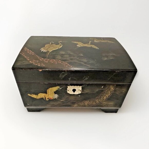 Vintage Japanese Black Enamel Musical Jewelry Box w/ Bronze Inlay – Beautiful - Picture 3 of 12